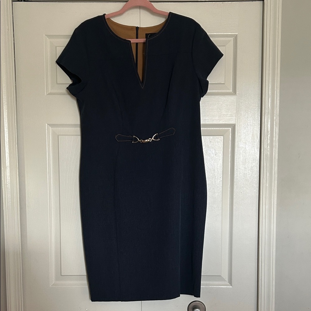 Connected Apparel Navy Dress with Gold Accent